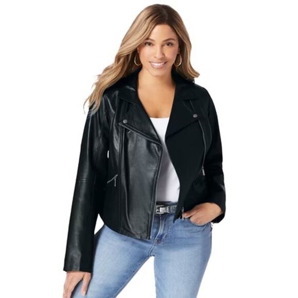 Jessica London Jackets & Blazers - Jessica London Black Genuine Leather Moto Jacket - Plus Size 28W
